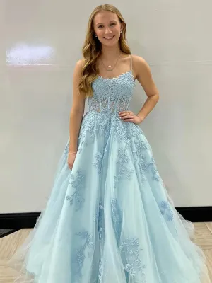 A Line Open Back Light Blue Lace Long Prom Dresses, Light Blue Lace Formal Dresses, Light Blue Evening Dresses