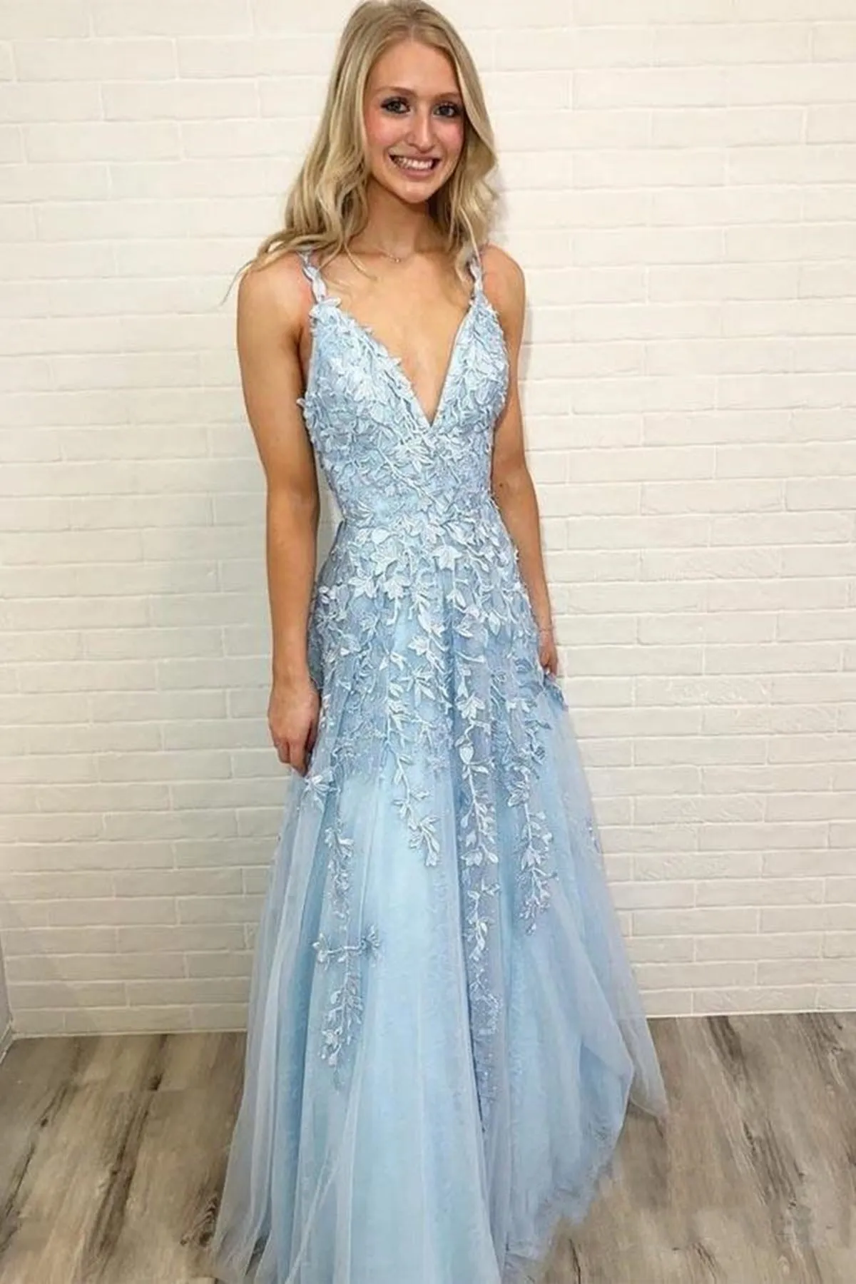 A Line V Neck Light Blue Lace Prom Dresses, Light Blue V Neck Lace Formal Graduation Evening Dresses