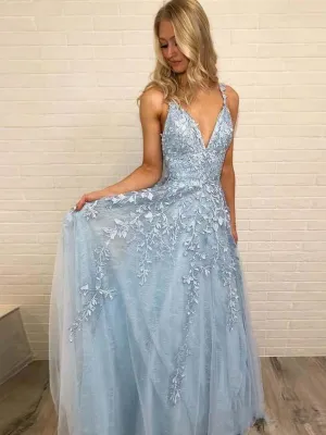 A Line V Neck Light Blue Lace Prom Dresses, Light Blue V Neck Lace Formal Graduation Evening Dresses