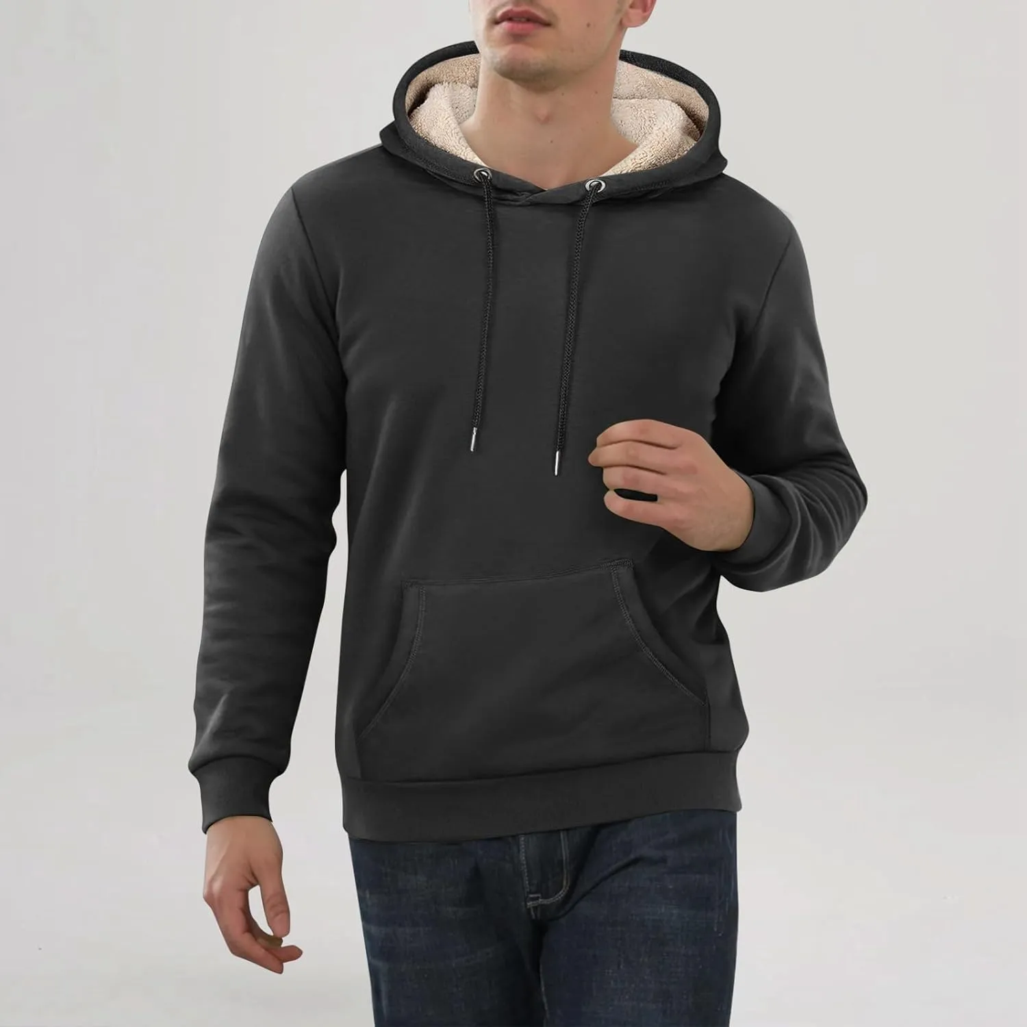 ADHOWBEW Mens Fleece Hoodie Sherpa Lined Drawstring Heavy Weight Cotton Cold Weather Warm Thick Sweatshirts Pullover