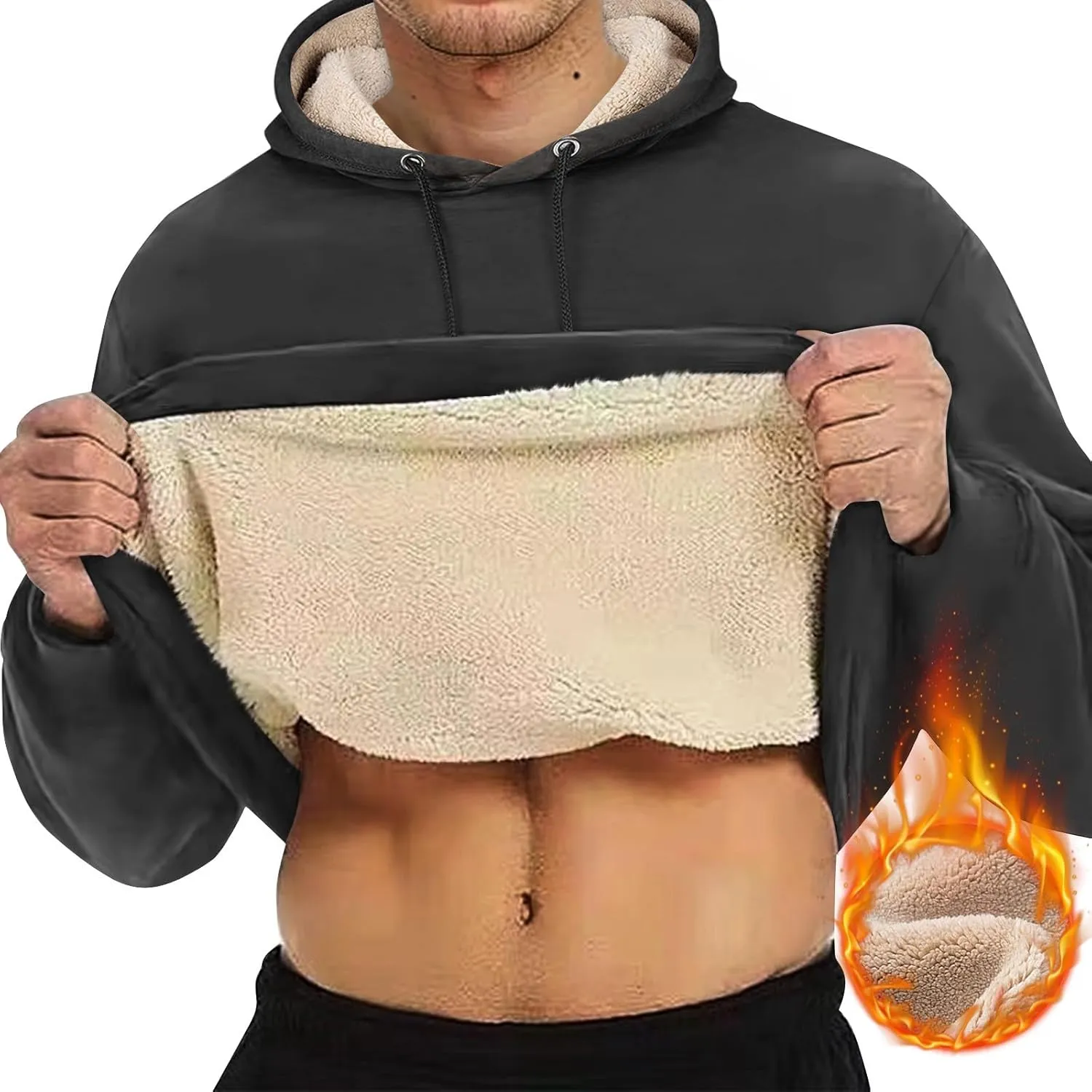 ADHOWBEW Mens Fleece Hoodie Sherpa Lined Drawstring Heavy Weight Cotton Cold Weather Warm Thick Sweatshirts Pullover