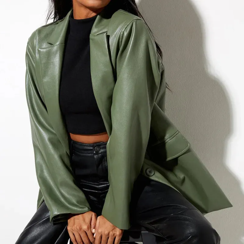 Advbridge -  Black PU Leather Blazer Jacket Y2K Motorcycle Jackets Women Autumn Winter High Street Casual Cardigans Warm Suit Coats