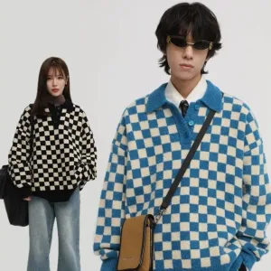 Aidase Plaid Sweaters Men Retro Chic Oversize V-neck Long Sleeve Knitted Sweaters Outerwear Harajuku High Street Couple Pllover