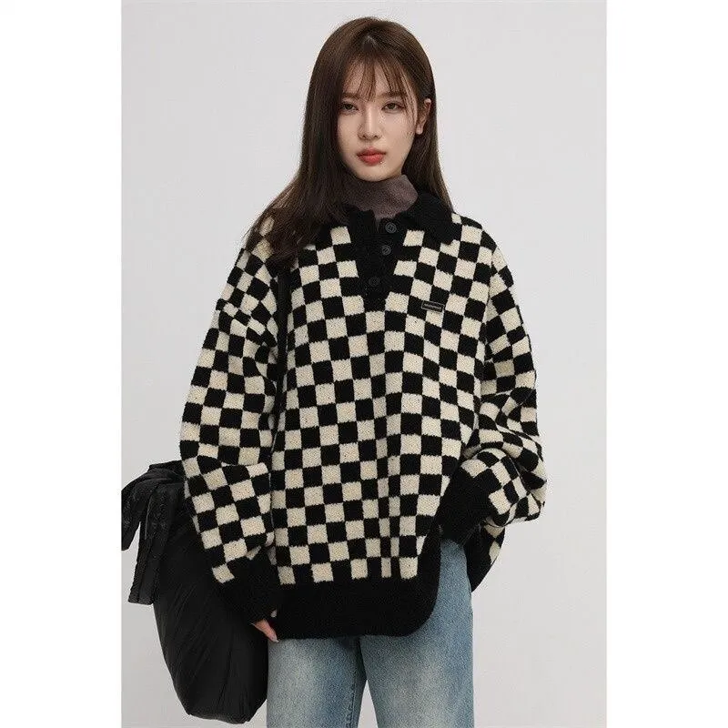 Aidase Plaid Sweaters Men Retro Chic Oversize V-neck Long Sleeve Knitted Sweaters Outerwear Harajuku High Street Couple Pllover