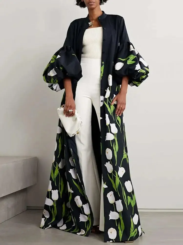 Amozae-Modigirl Elegant Floral Printed Stand Collar Shirts Long Dresses Womens Spring Lantern Sleeves Single-Breasted Trench Coats