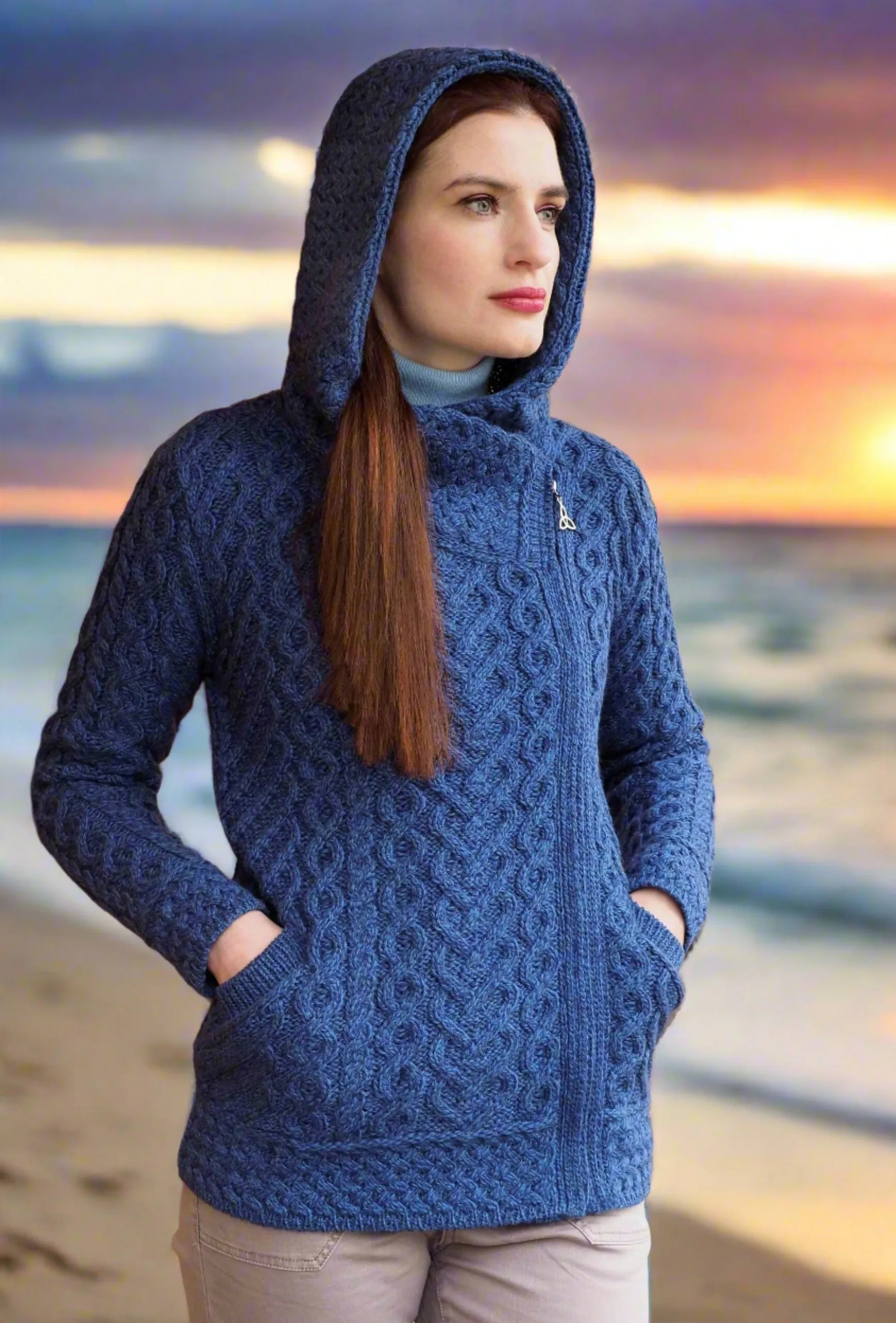 Aran Crafts Side Zip Hooded Cardigan | Blue