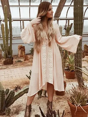 ASHORESHOP Long Beach Dresses Women Tunic Vintage Floral Embroidered Cotton Long Dress vestidos Casual Hippie Boho Asymmetric robe