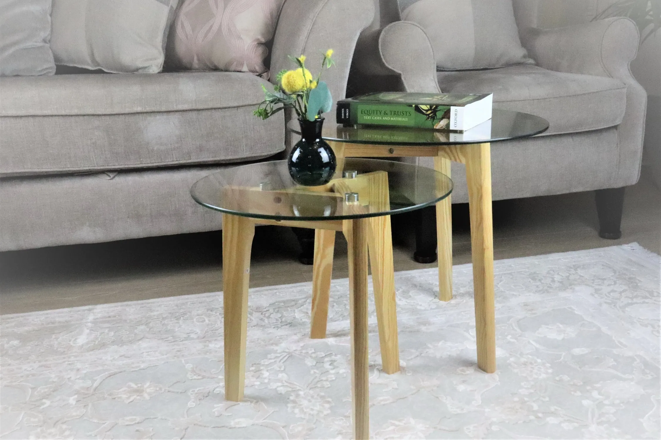 Athena Set of 2 Nesting Tables- Clear Tempered Glass, Solid Pinewood Legs