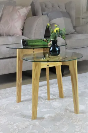Athena Set of 2 Nesting Tables- Clear Tempered Glass, Solid Pinewood Legs