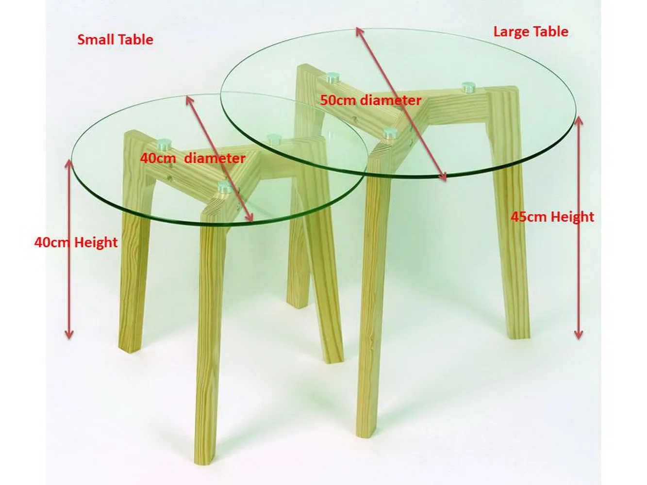 Athena Set of 2 Nesting Tables- Clear Tempered Glass, Solid Pinewood Legs