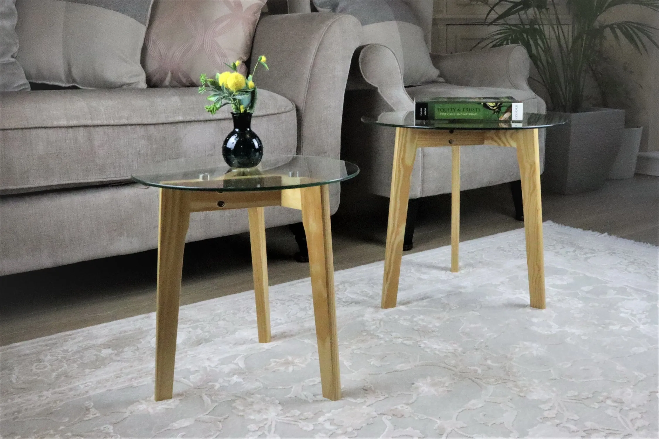 Athena Set of 2 Nesting Tables- Clear Tempered Glass, Solid Pinewood Legs