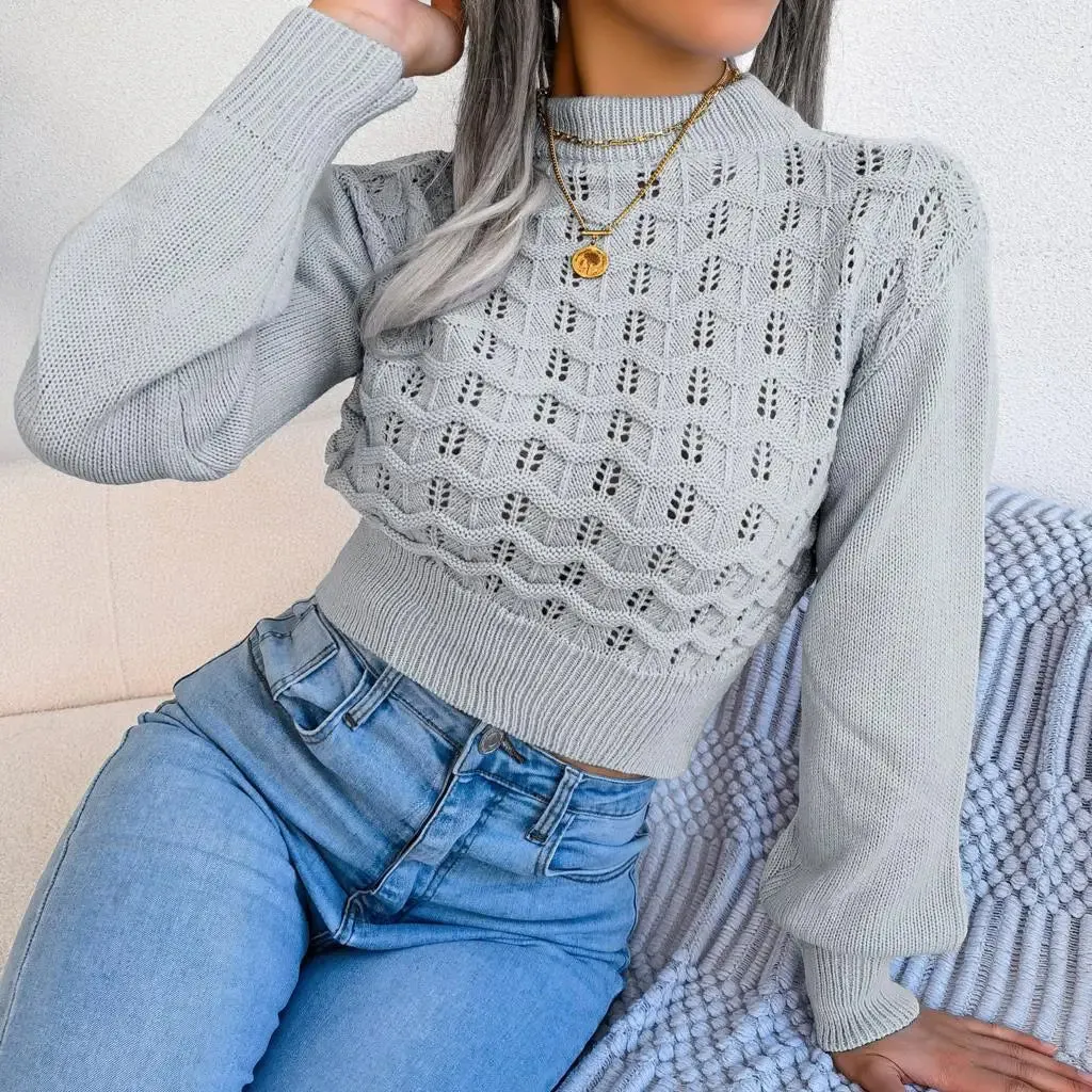 Autumn Winter Sexy Women's Sweater Fashion Knitted Long Sleeve Hollow Crop Top Casual Slim Sweaters Elegant Red Pullover 2023
