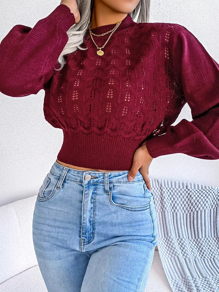 Autumn Winter Sexy Women's Sweater Fashion Knitted Long Sleeve Hollow Crop Top Casual Slim Sweaters Elegant Red Pullover 2023