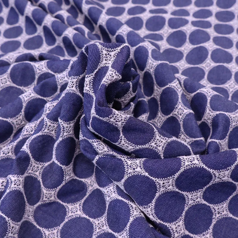Blue Embroidered Chambray - White Circles
