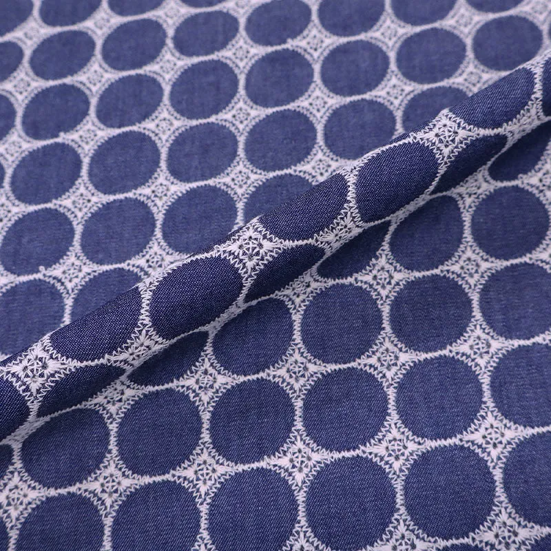 Blue Embroidered Chambray - White Circles