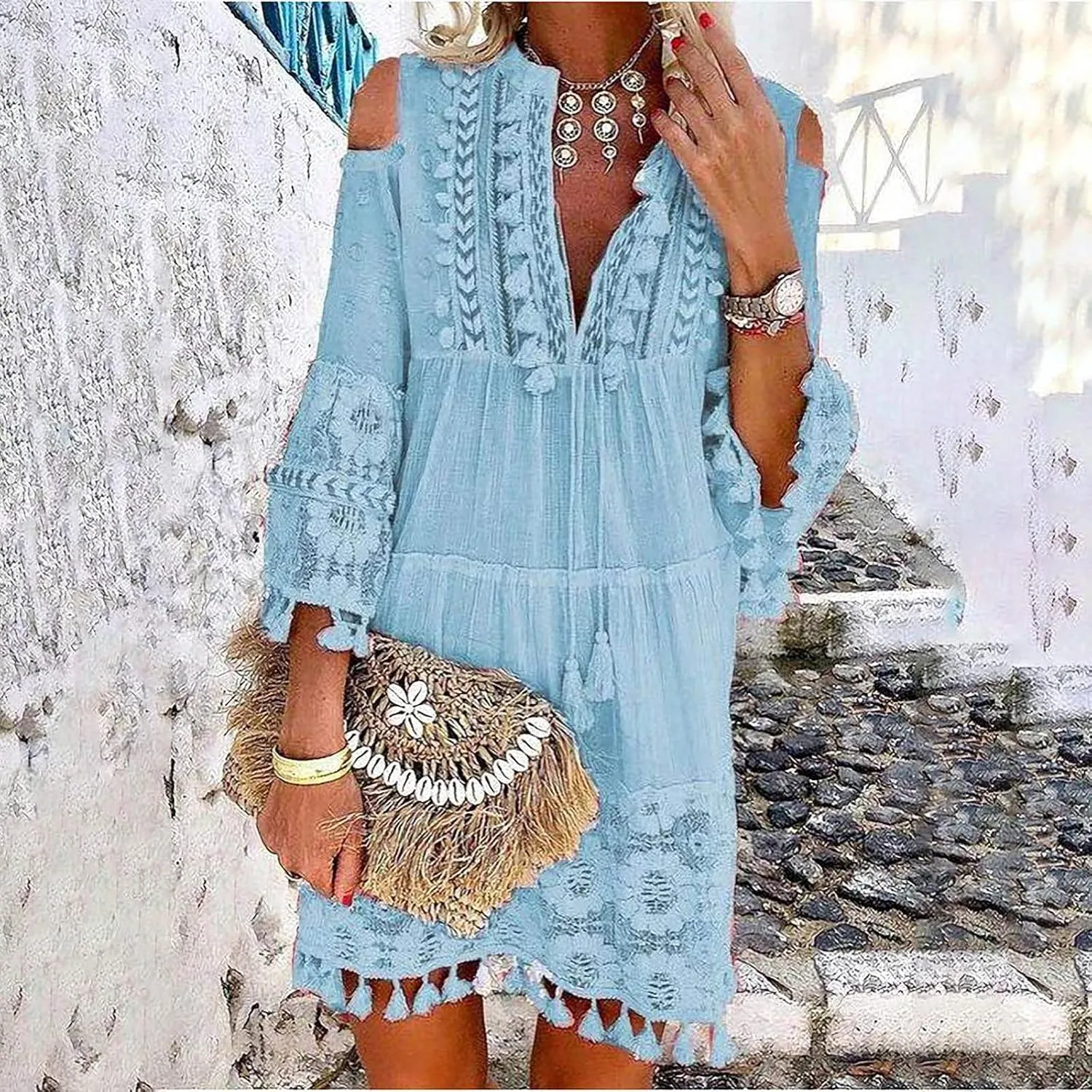 Boho Dress for Women,Elegant Fringe Sexy V Neck Cold Shoulder Long Sleeve Lace Flowy Plus Size Summer Mini Dress