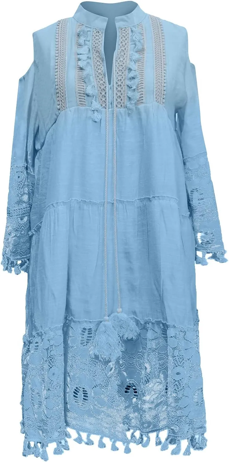 Boho Dress for Women,Elegant Fringe Sexy V Neck Cold Shoulder Long Sleeve Lace Flowy Plus Size Summer Mini Dress