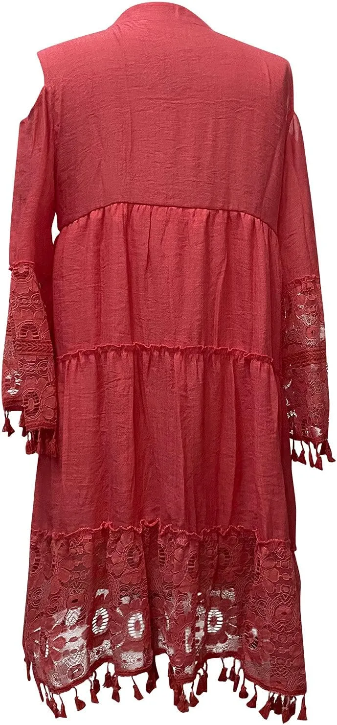 Boho Dress for Women,Elegant Fringe Sexy V Neck Cold Shoulder Long Sleeve Lace Flowy Plus Size Summer Mini Dress