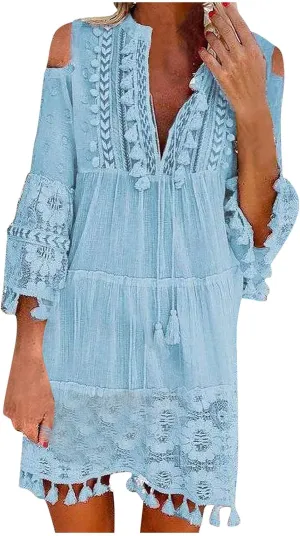 Boho Dress for Women,Elegant Fringe Sexy V Neck Cold Shoulder Long Sleeve Lace Flowy Plus Size Summer Mini Dress
