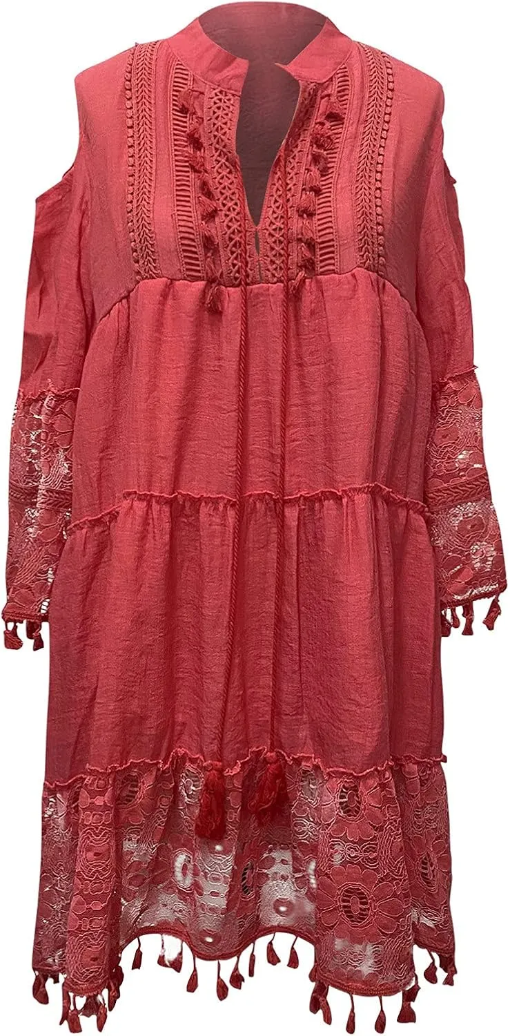 Boho Dress for Women,Elegant Fringe Sexy V Neck Cold Shoulder Long Sleeve Lace Flowy Plus Size Summer Mini Dress