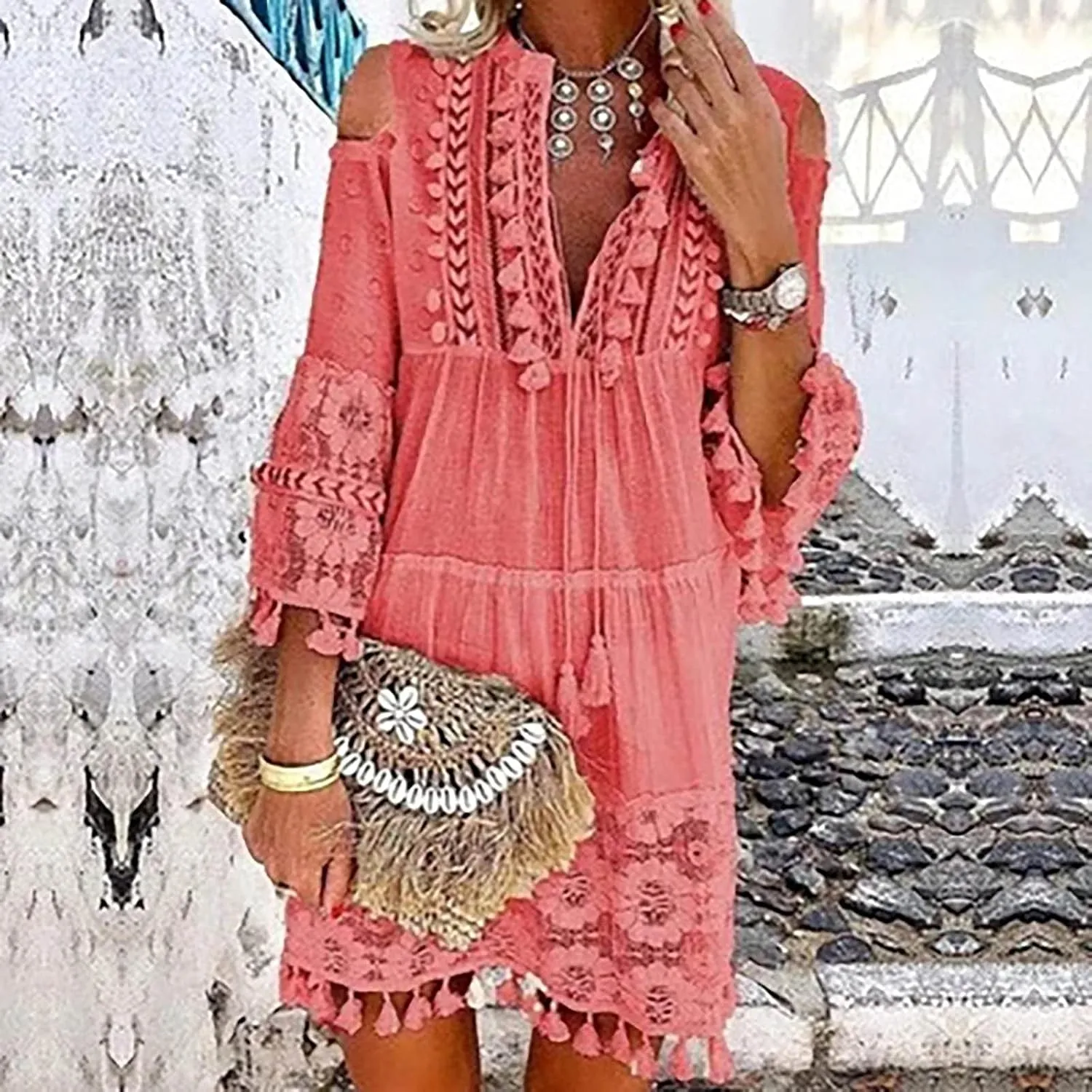 Boho Dress for Women,Elegant Fringe Sexy V Neck Cold Shoulder Long Sleeve Lace Flowy Plus Size Summer Mini Dress
