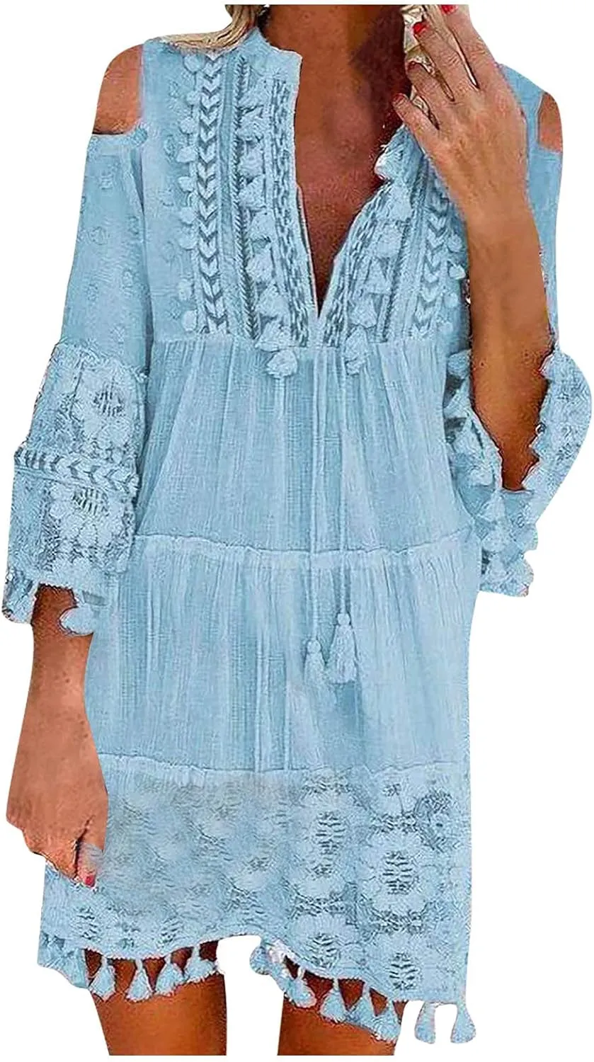 Boho Dress for Women,Elegant Fringe Sexy V Neck Cold Shoulder Long Sleeve Lace Flowy Plus Size Summer Mini Dress