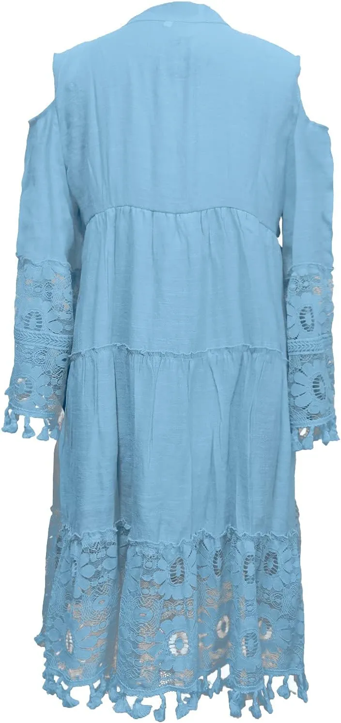 Boho Dress for Women,Elegant Fringe Sexy V Neck Cold Shoulder Long Sleeve Lace Flowy Plus Size Summer Mini Dress