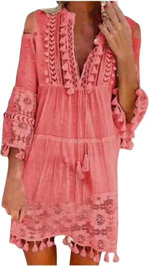 Boho Dress for Women,Elegant Fringe Sexy V Neck Cold Shoulder Long Sleeve Lace Flowy Plus Size Summer Mini Dress