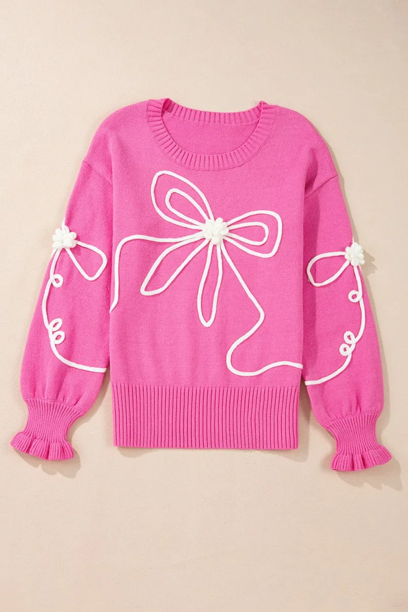 Bright Pink Corduroy Big Bow Casual Sweater