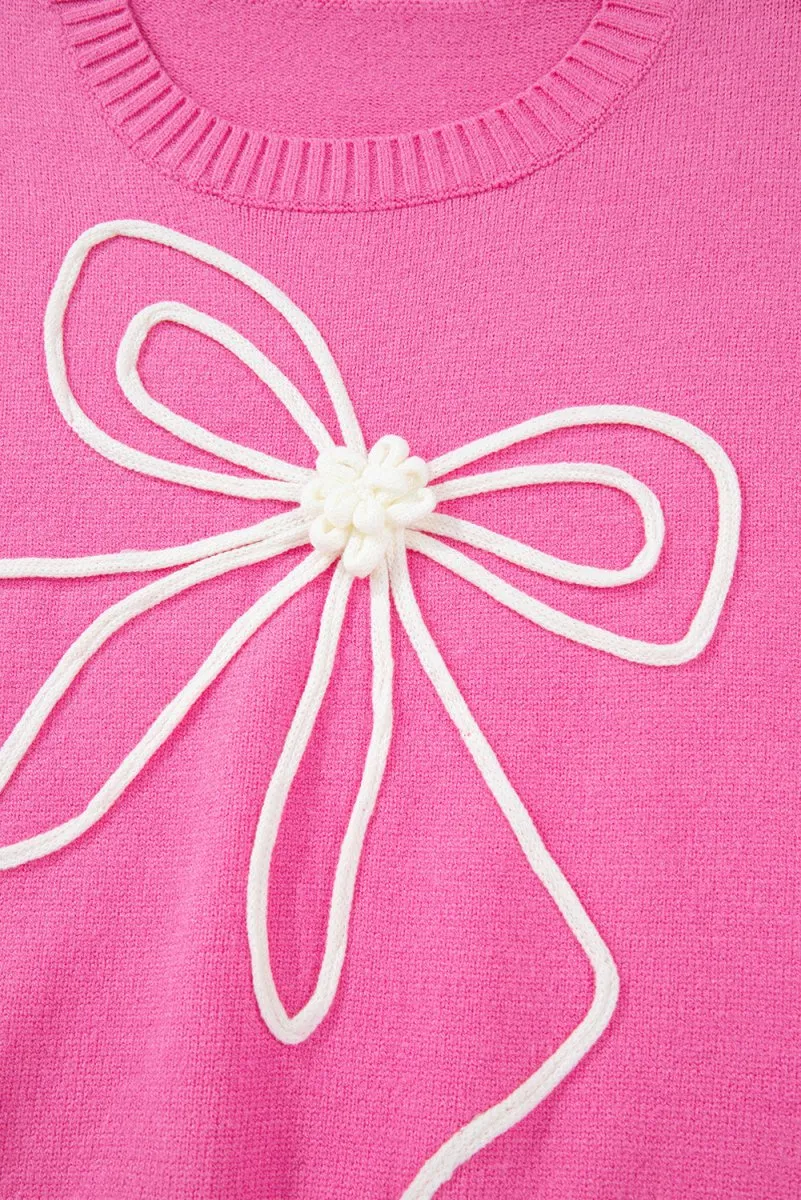 Bright Pink Corduroy Big Bow Casual Sweater