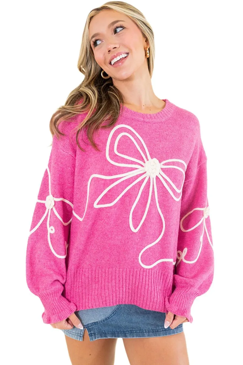 Bright Pink Corduroy Big Bow Casual Sweater