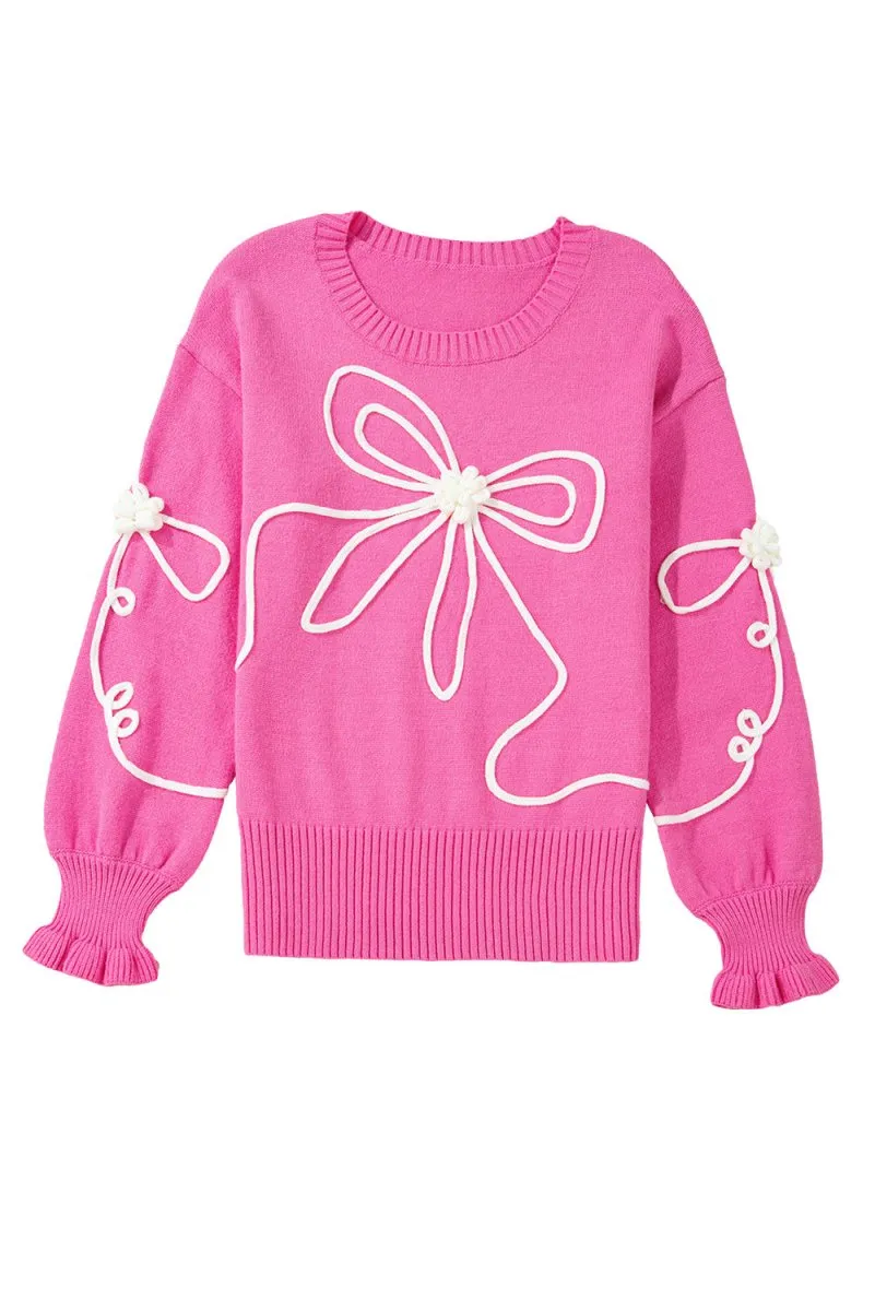Bright Pink Corduroy Big Bow Casual Sweater