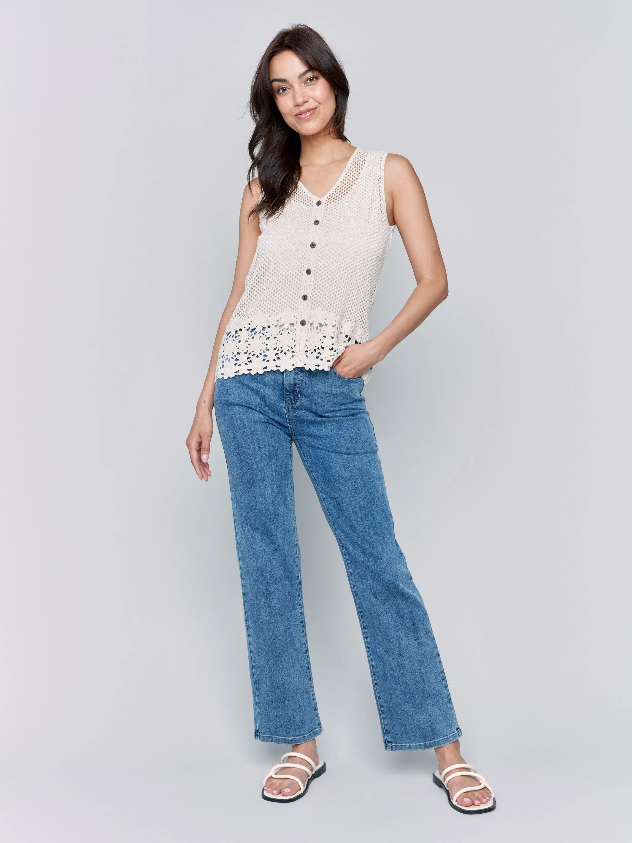 Button Front Crochet Vest - Natural