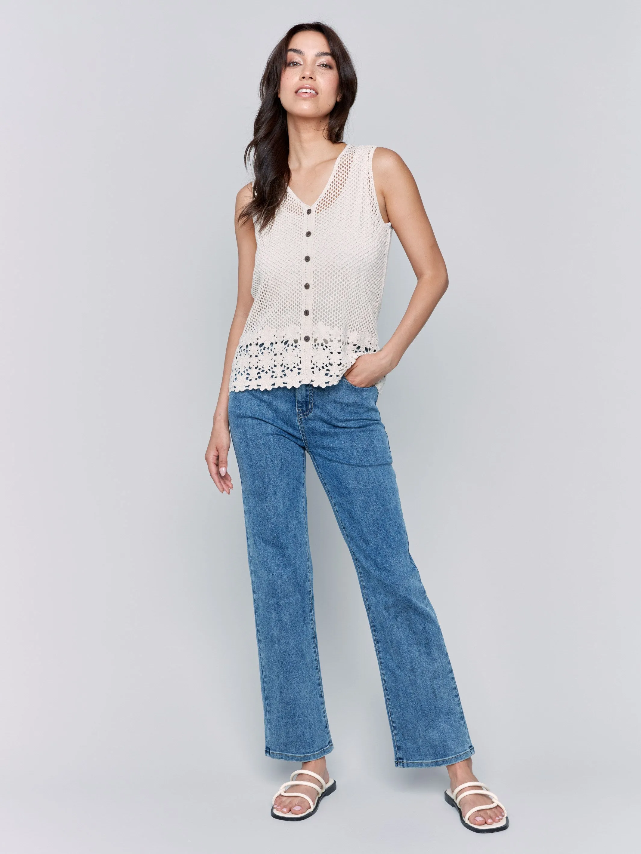 Button Front Crochet Vest - Natural