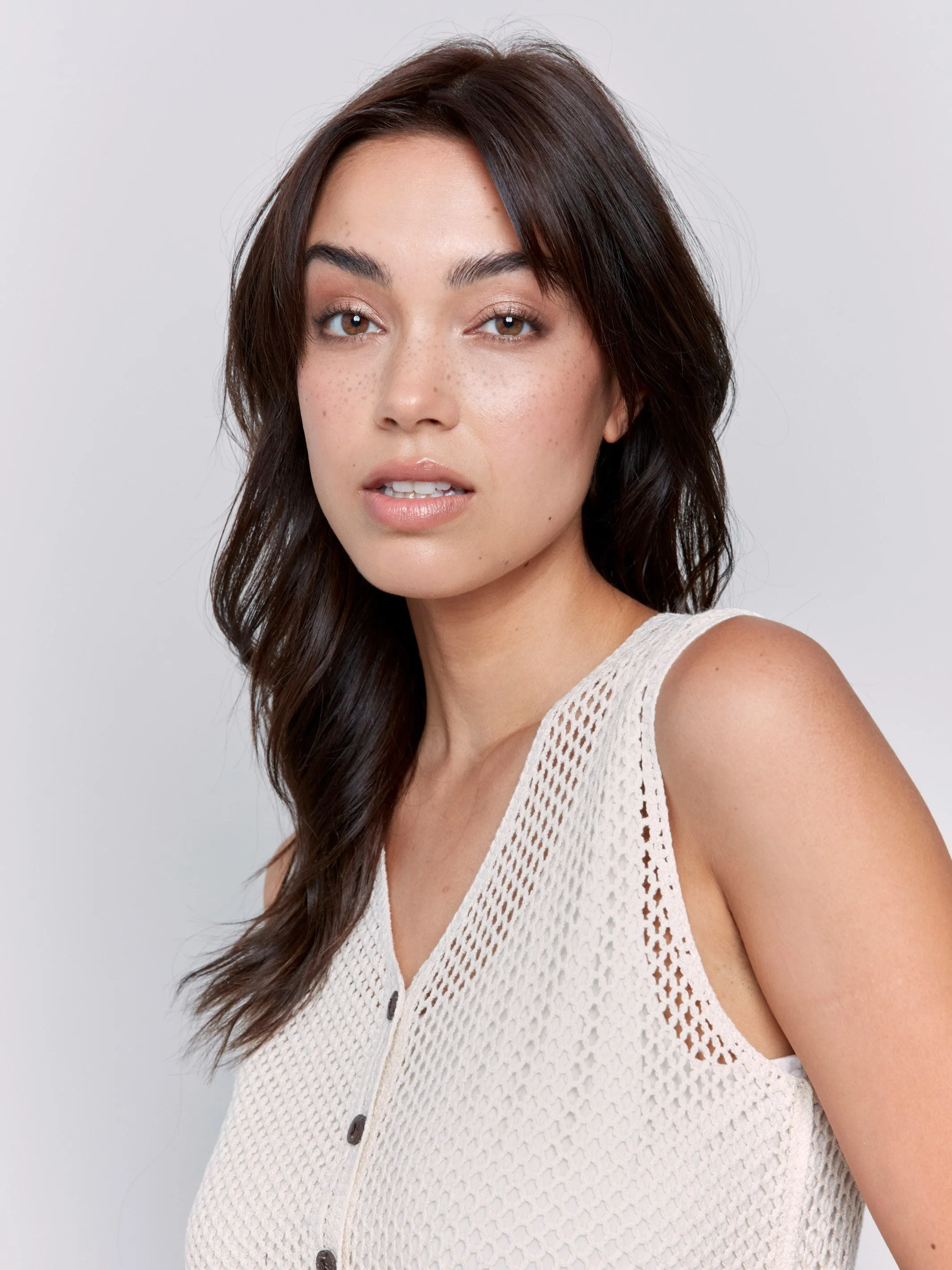 Button Front Crochet Vest - Natural