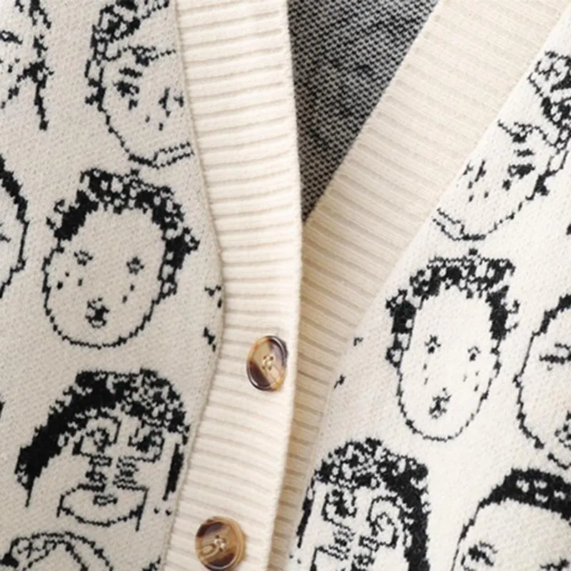 'Cartoon Faces' V-Neck Knit Cardigan