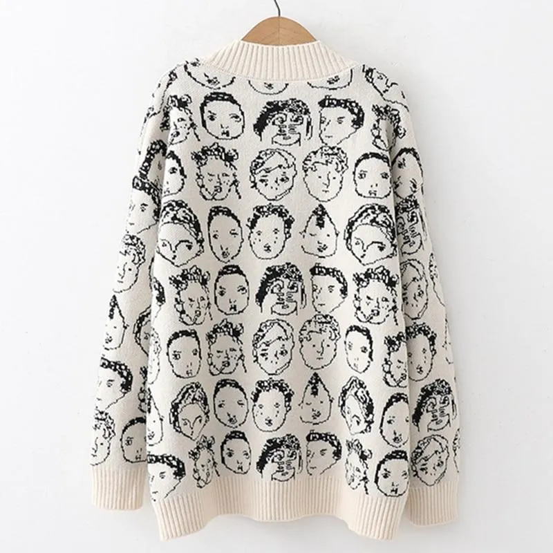 'Cartoon Faces' V-Neck Knit Cardigan