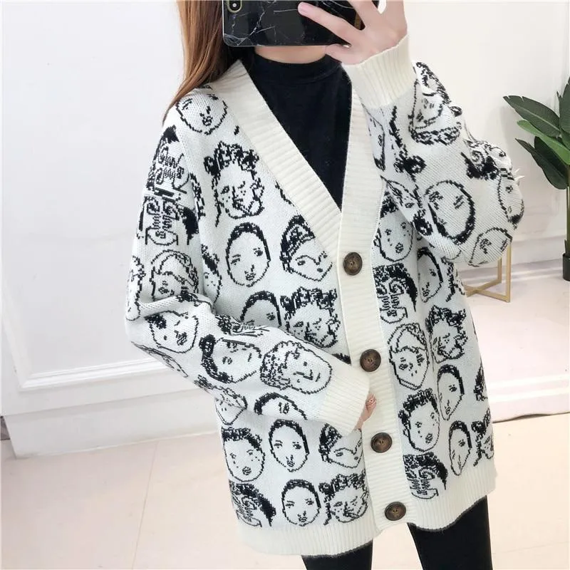 'Cartoon Faces' V-Neck Knit Cardigan