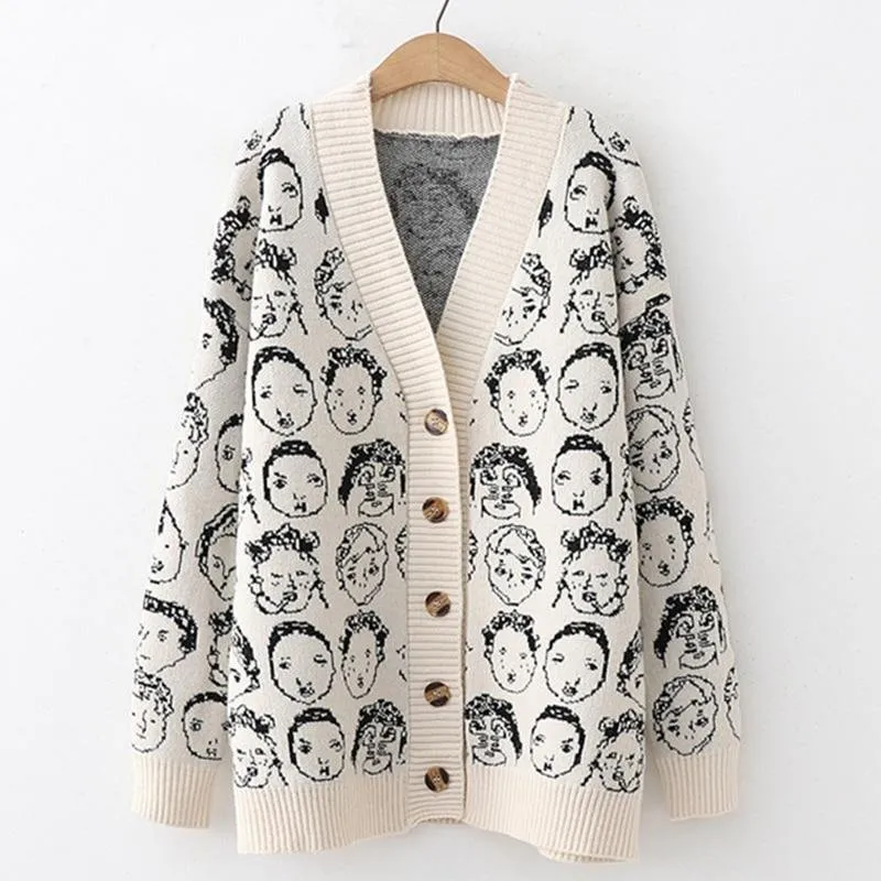 'Cartoon Faces' V-Neck Knit Cardigan