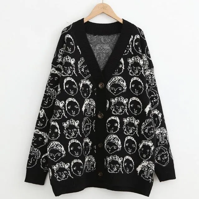 'Cartoon Faces' V-Neck Knit Cardigan
