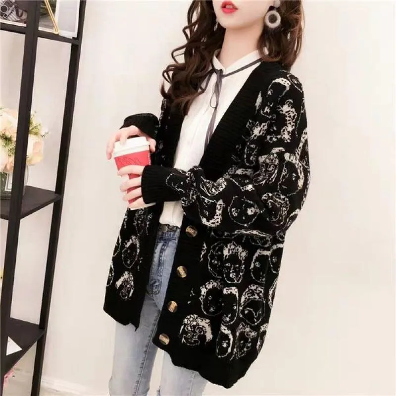 'Cartoon Faces' V-Neck Knit Cardigan
