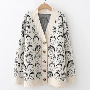 'Cartoon Faces' V-Neck Knit Cardigan