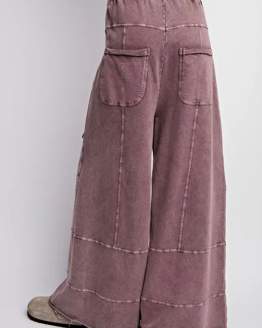 Casual Acid Wash Black or Purple Wide Leg Lounge Pants with Pockets