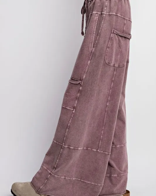 Casual Acid Wash Black or Purple Wide Leg Lounge Pants with Pockets