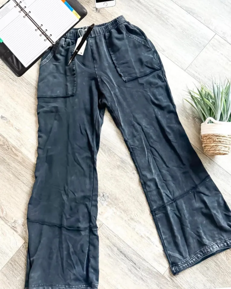 Casual Acid Wash Black or Purple Wide Leg Lounge Pants with Pockets