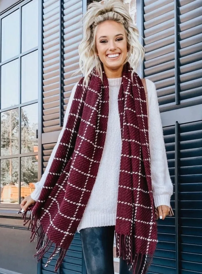 Chunky Knit Grid Scarves Burgundy