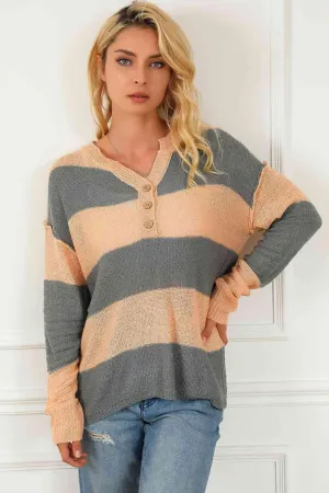 Comfy Chic Quarter Button Striped Henley Sweater
