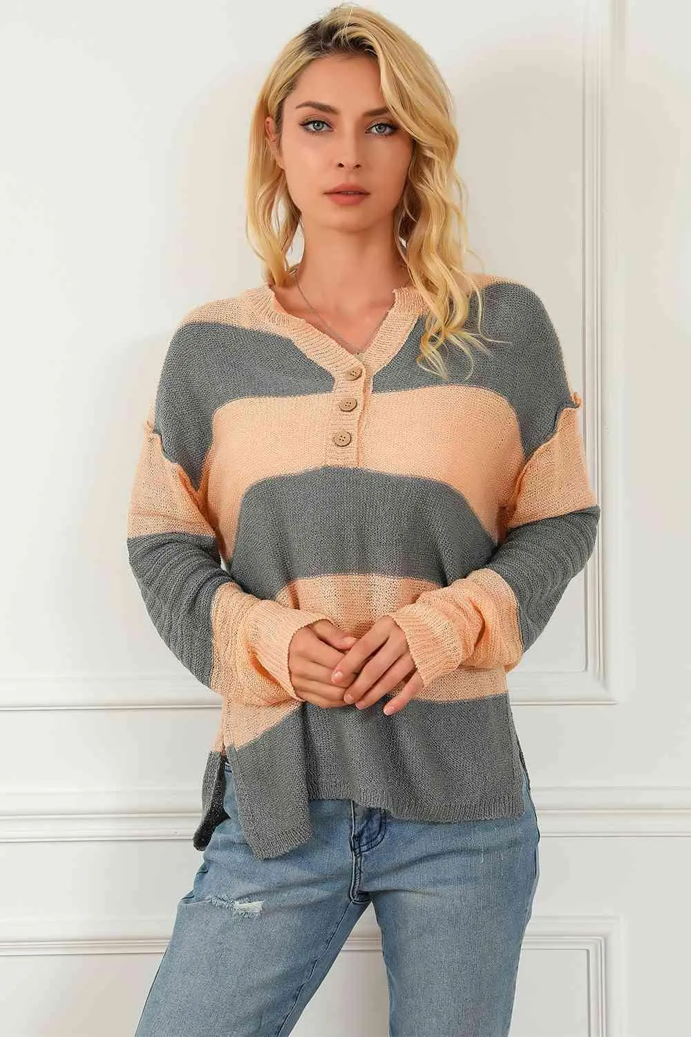Comfy Chic Quarter Button Striped Henley Sweater