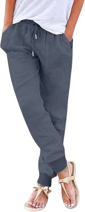 Cotton Linen Pants Women Baggy Casual Summer Beach Solid Color Plus Size High Waist Linen Pants Comfy Lounge Trousers