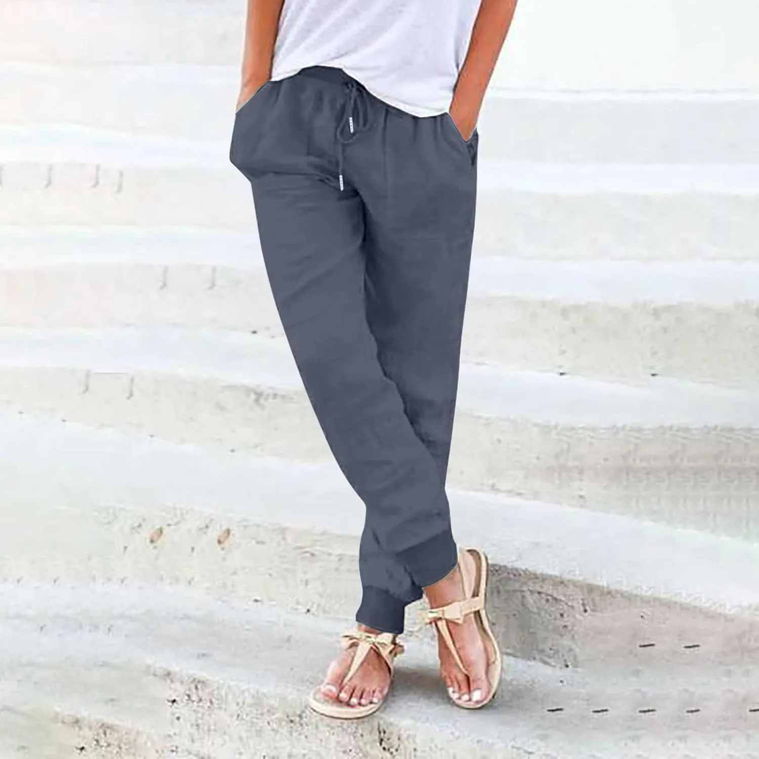 Cotton Linen Pants Women Baggy Casual Summer Beach Solid Color Plus Size High Waist Linen Pants Comfy Lounge Trousers